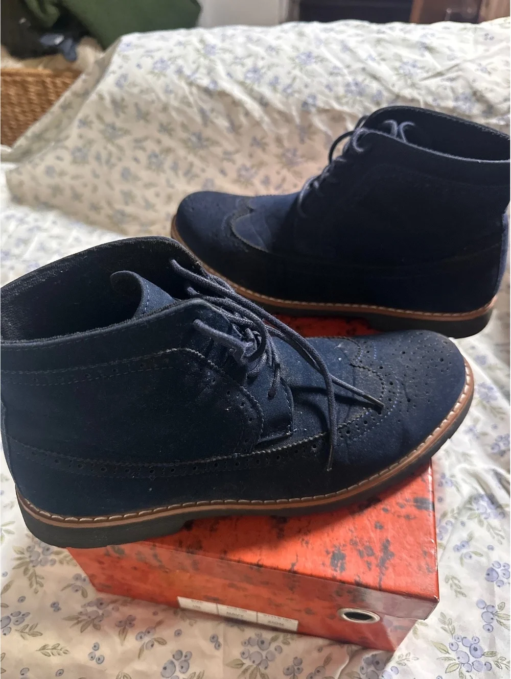Men's Navy Blue Suede Wingtip Lace-Up Boots